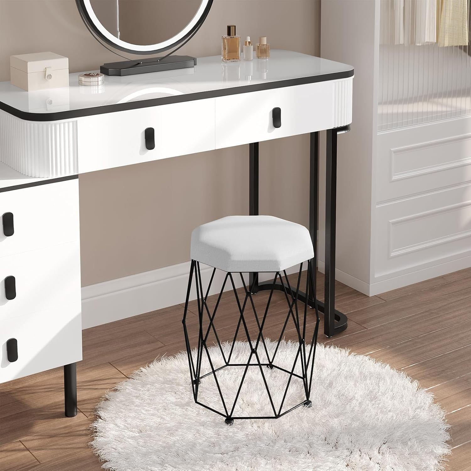 Black & White Velvet Vanity Stool Round Padded Dressing Table Seat Metal