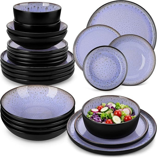 24pc Purple Stoneware Dinner Set Plates Bowls Reactive Glaze Service for 6