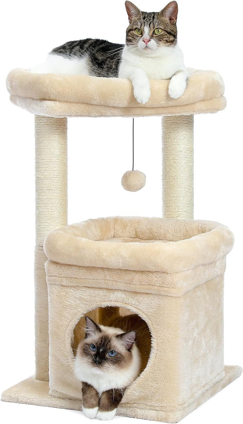 Small Cat Tree Tower with Condo Top Perch Sisal Scratching Post Beige