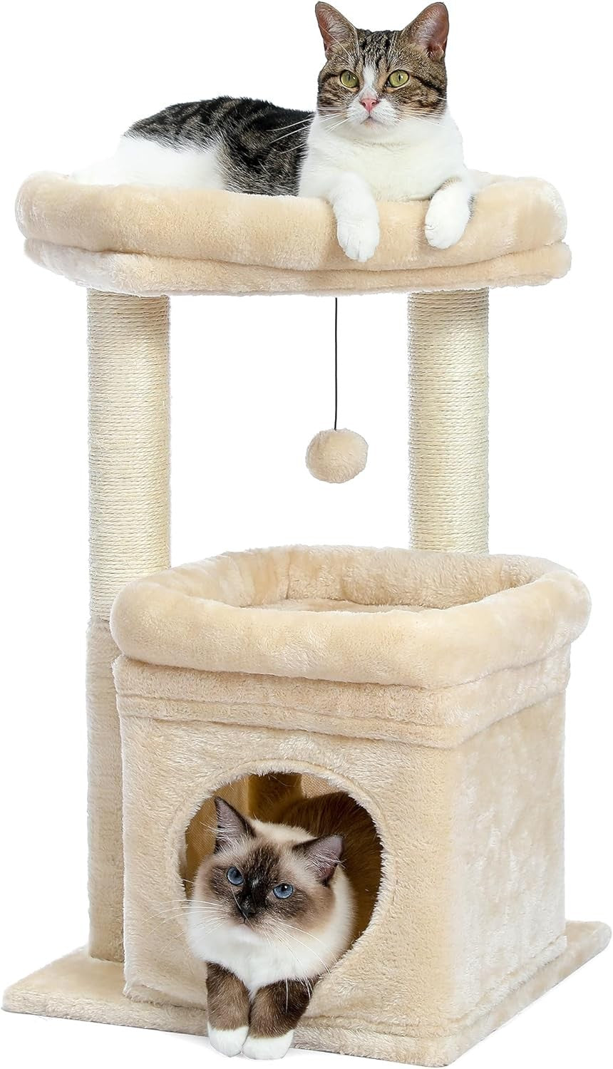 Small Cat Tree Tower with Condo Top Perch Sisal Scratching Post Beige