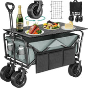 Grey Folding Beach Wagon Cart w/ Table Oversized Wheels Adjustable Handle 220lb