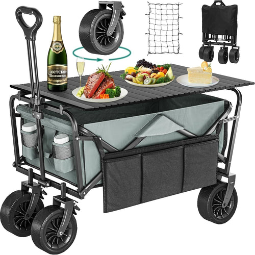 Grey Folding Beach Wagon Cart w/ Table Oversized Wheels Adjustable Handle 220lb