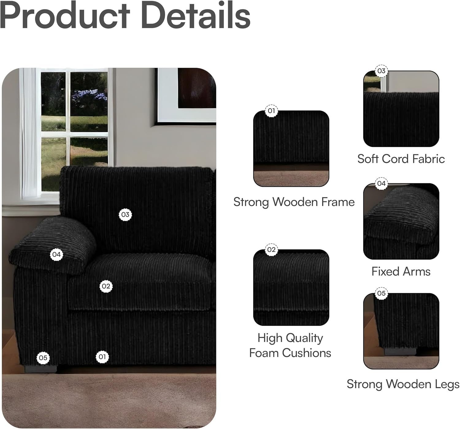 L Shape Corner Sofa Black Jumbo Cord 4 Seater Right Hand Modern Couch