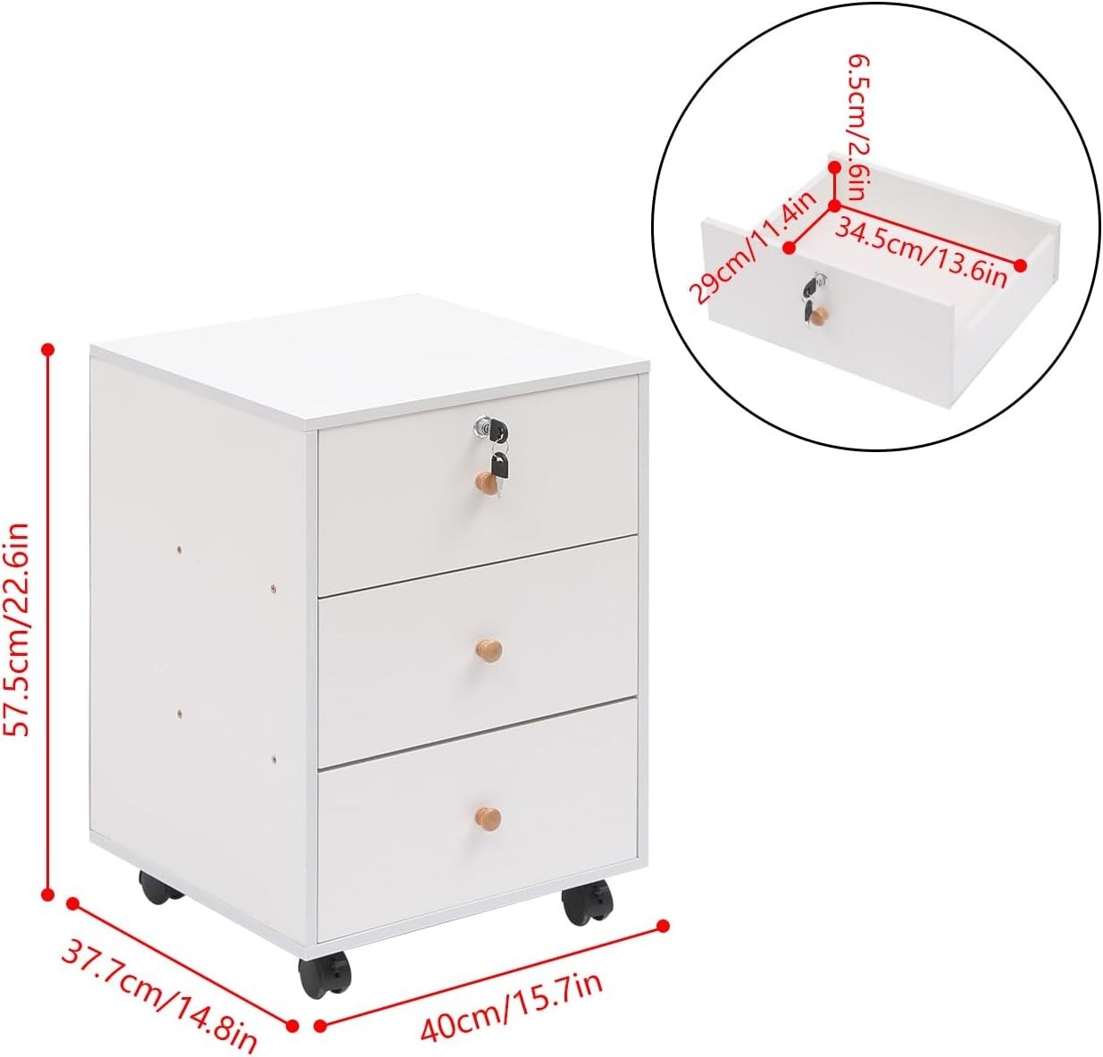 Locking Rolling 3 Drawer File Cabinet Under Desk Printer Stand Storage