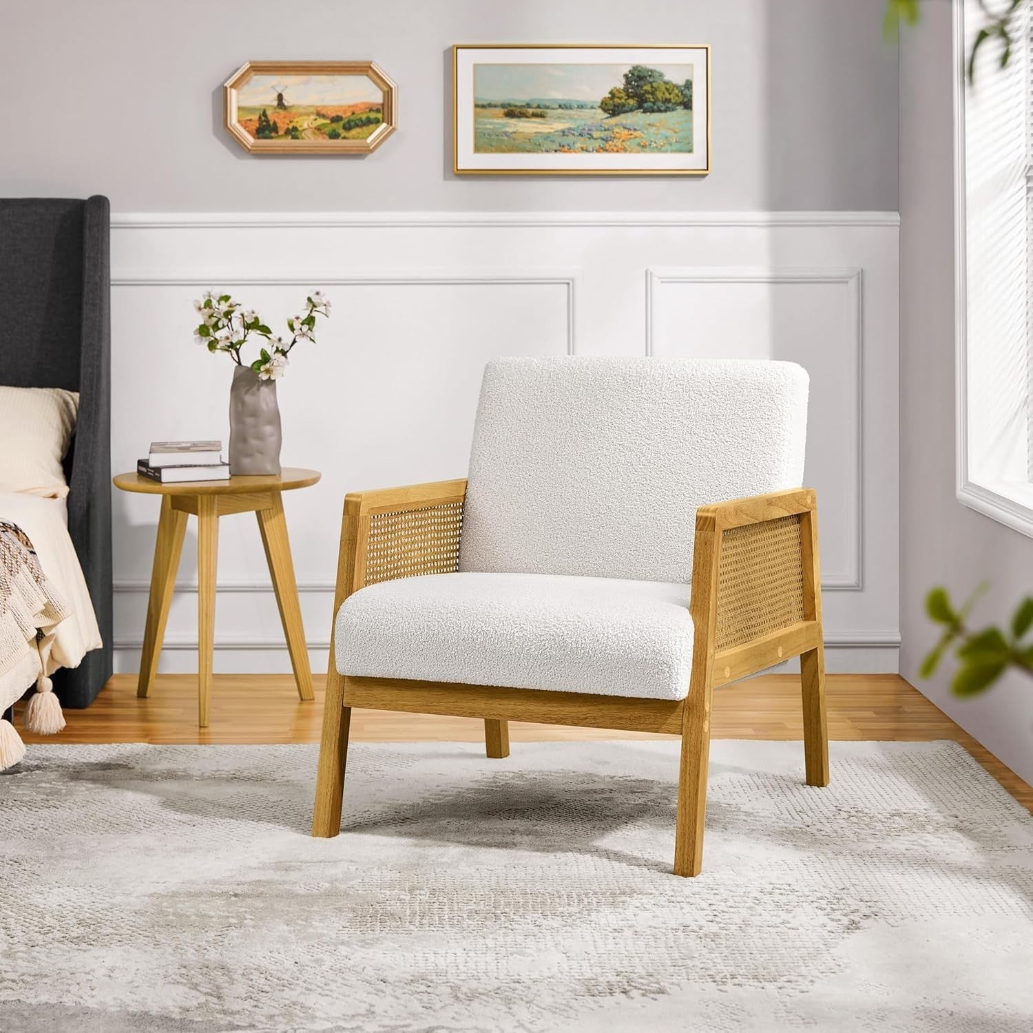 Boucle Fabric Accent Armchair Modern Indoor Lounge Chair with Cane Sides