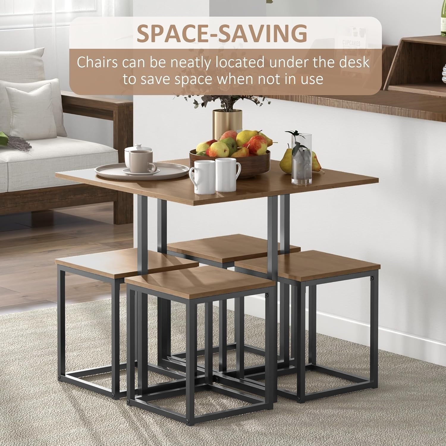 5-Piece Dining Table & 4 Stools Set Space-Saving Industrial Kitchen Table Brown
