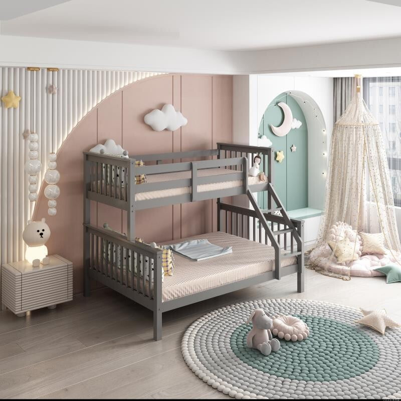 Kids Grey Bunk Bed 3FT Single Over 4FT6 Double Wooden Trio Bed Frame
