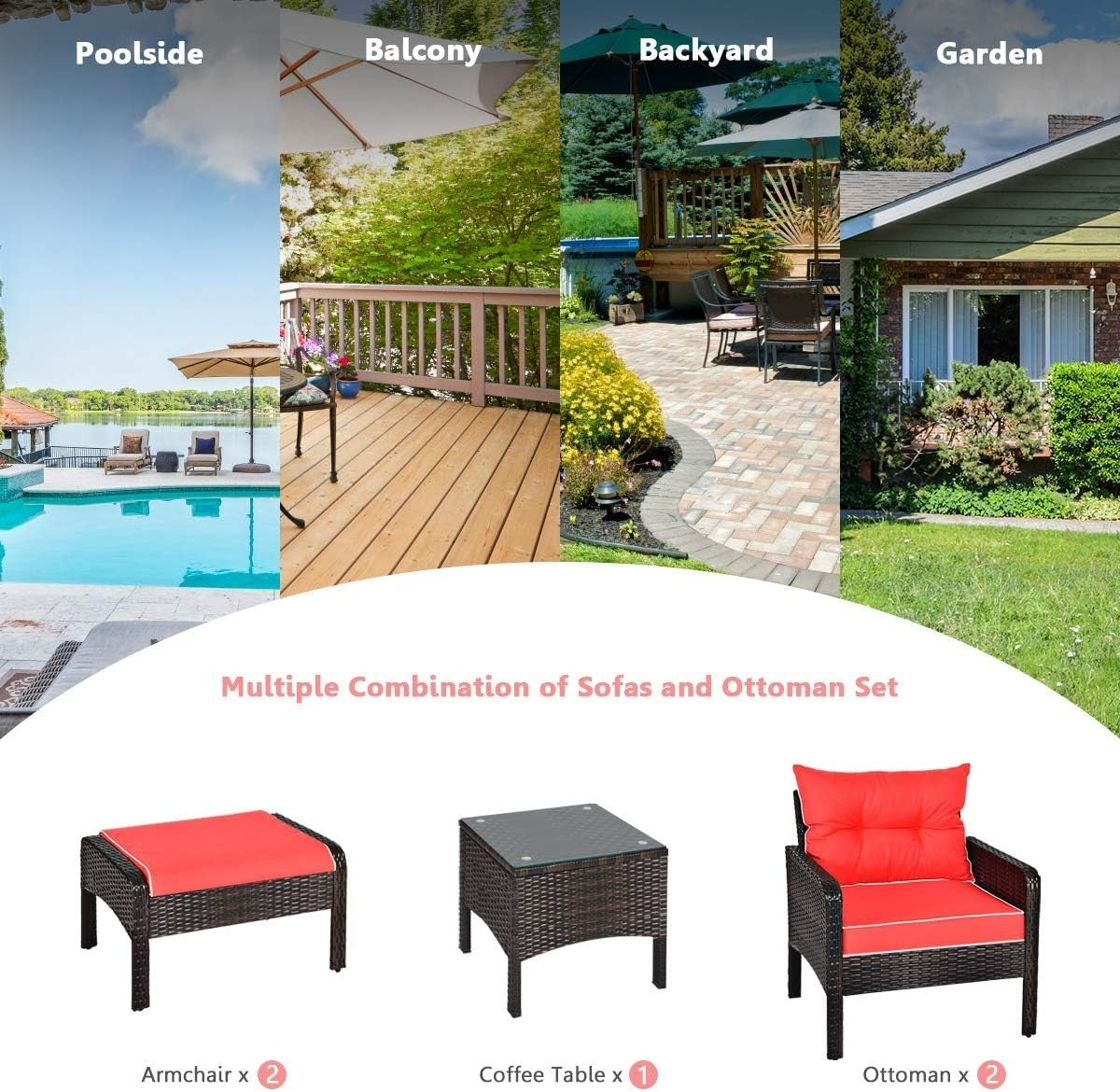 5PC Brown Red Outdoor Rattan Garden Sofa Set w/ Cushions & Glass Table