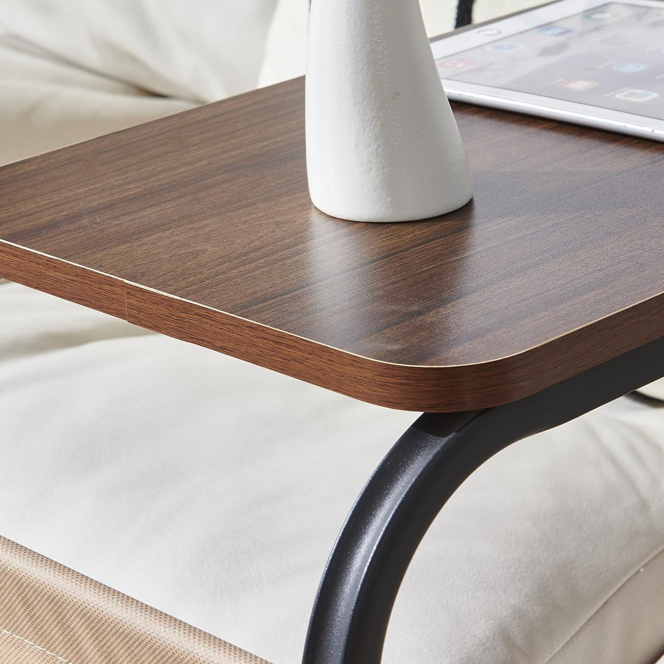Mobile Brown C-Shaped Side Table with Wheels & Storage Basket for Sofa