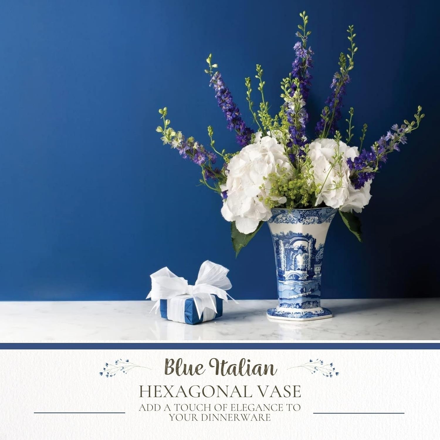 Blue White Porcelain Flower Vase Hexagonal Classic Italian Style Table Decor