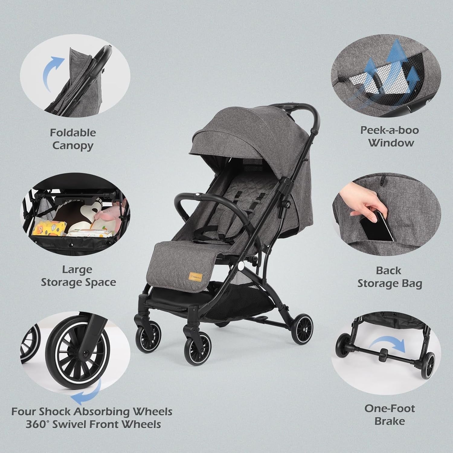 Compact Travel Pushchair Buggy One-Hand Fold Newborn–3Y 15kg Dark Grey