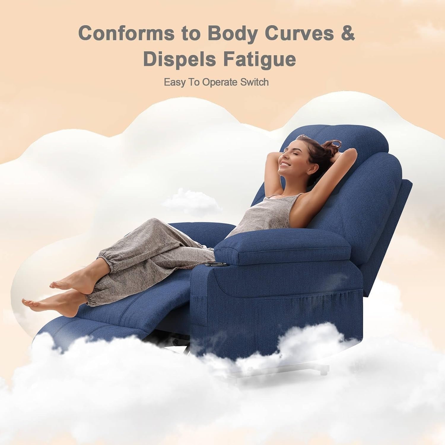 Power Lift Recliner Chair Massage Heat USB Type-C Cup Holders Fabric Dark Blue