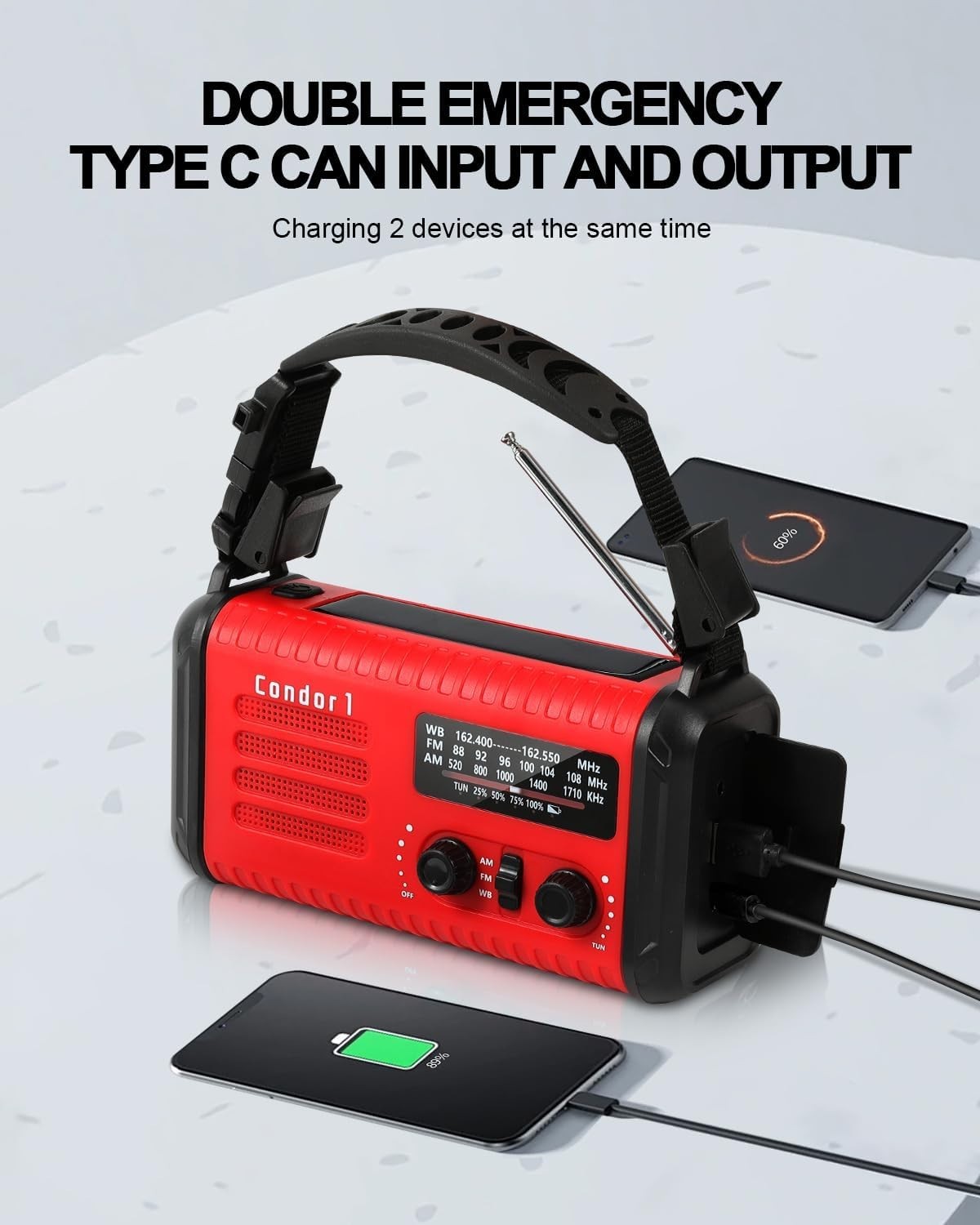 Wind Up Red Solar Emergency Radio with 20000mAh Battery, AM/FM & Flashlight