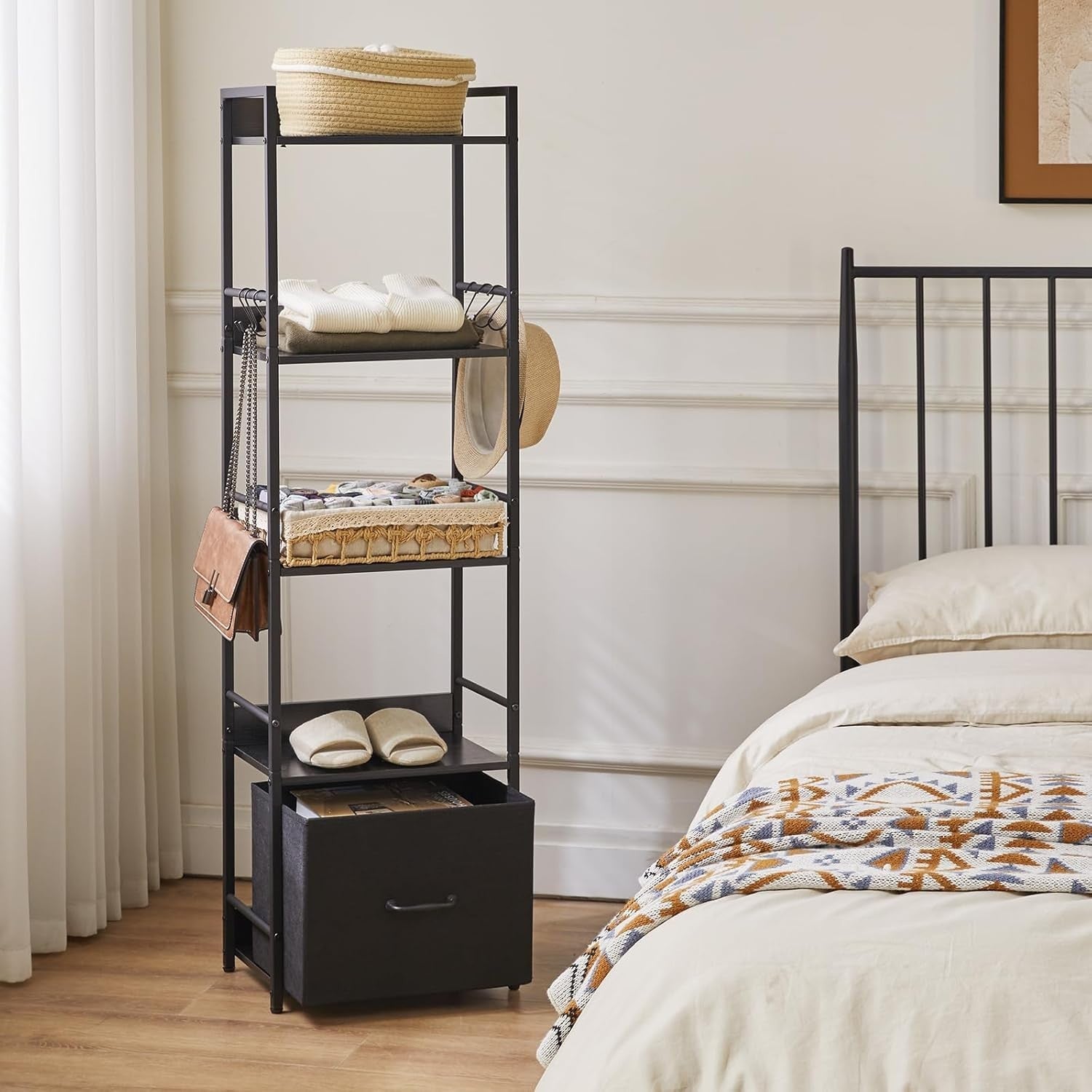 5 Tier Ladder Shelf with Fabric Drawer Industrial Metal Frame Bookcase Black
