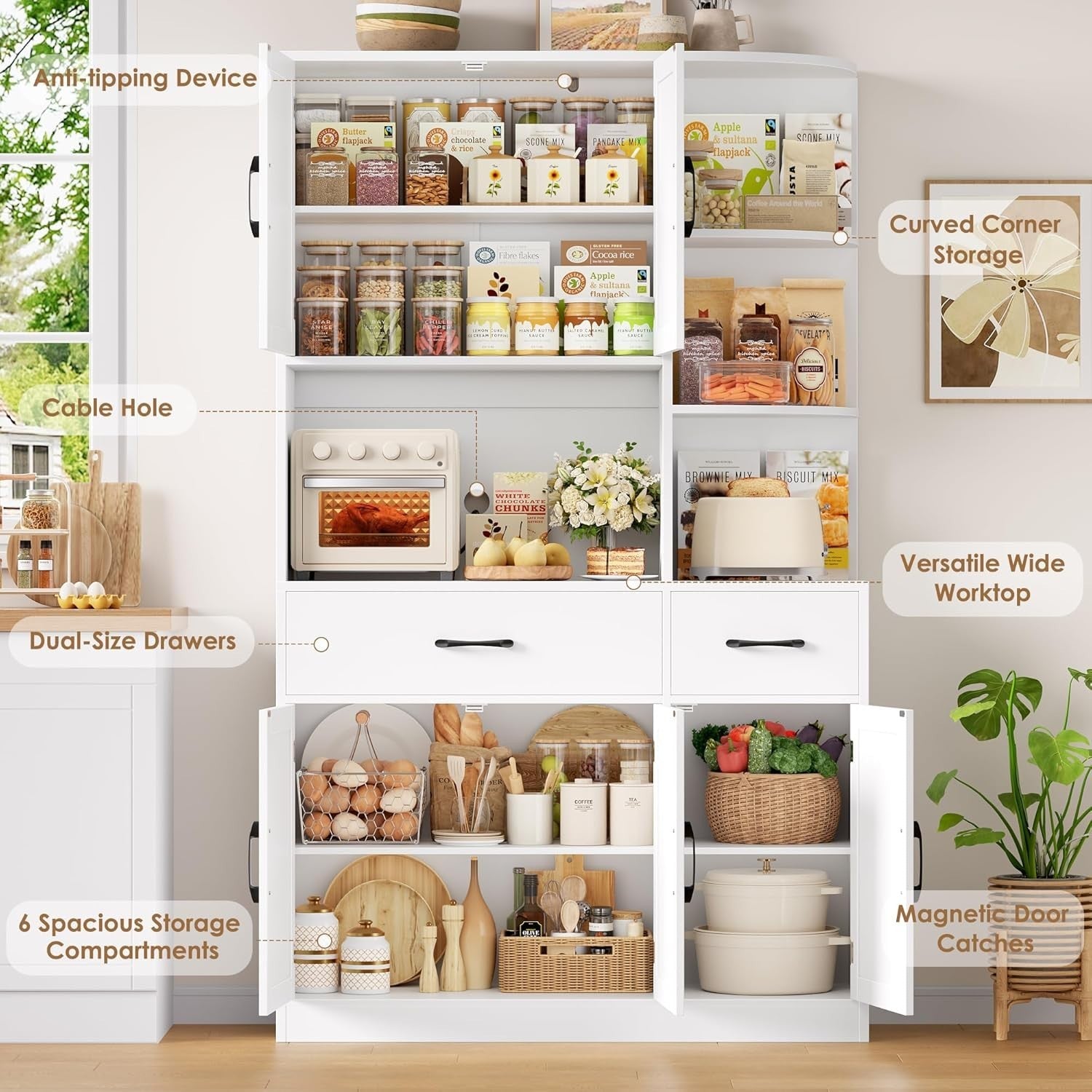 White 177cm Tall Kitchen Cupboard 5 Doors 2 Drawers Pantry Cabinet
