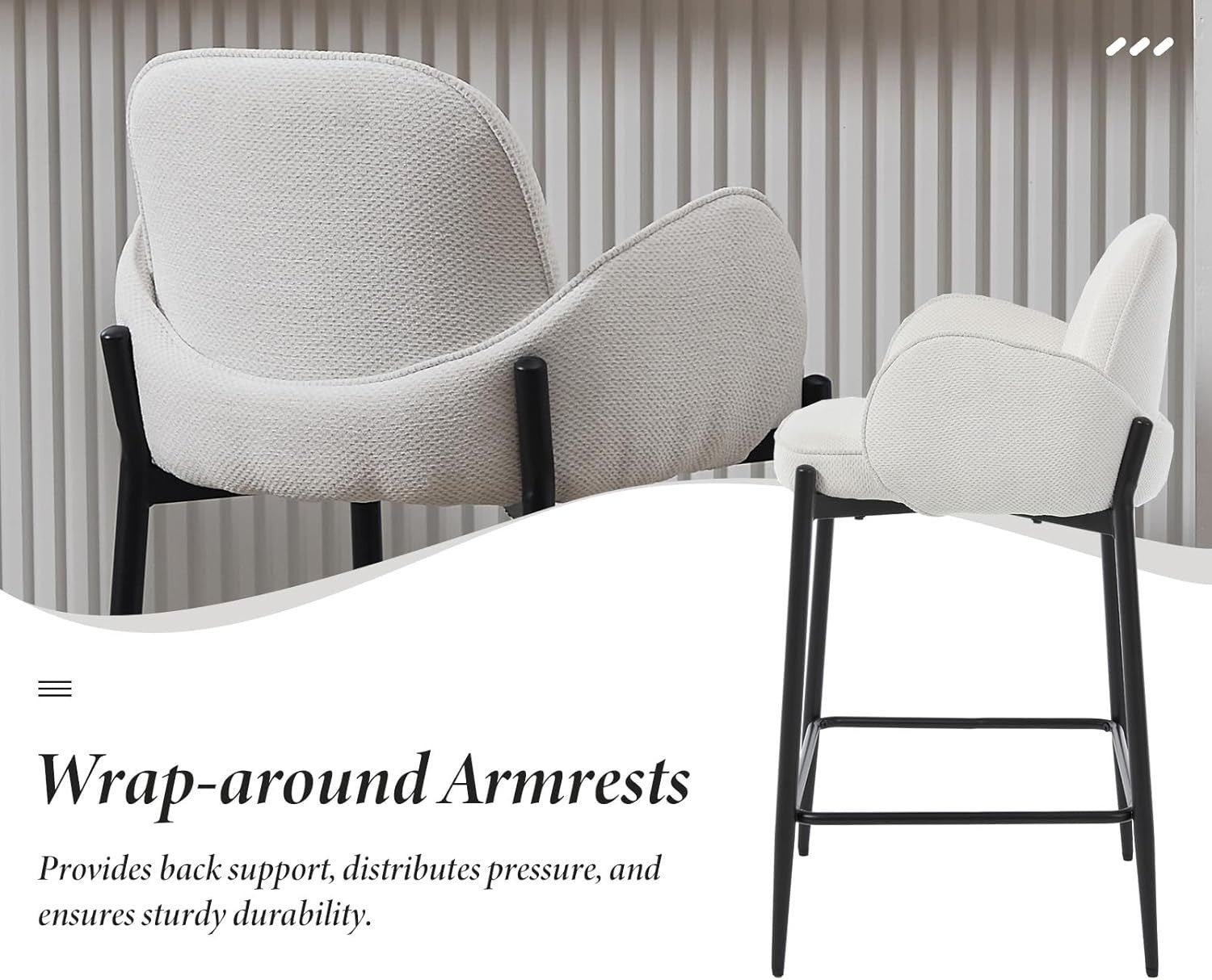 Modern White Bar Stools Set of 2 | Chenille Seat, Metal Legs, Armrest