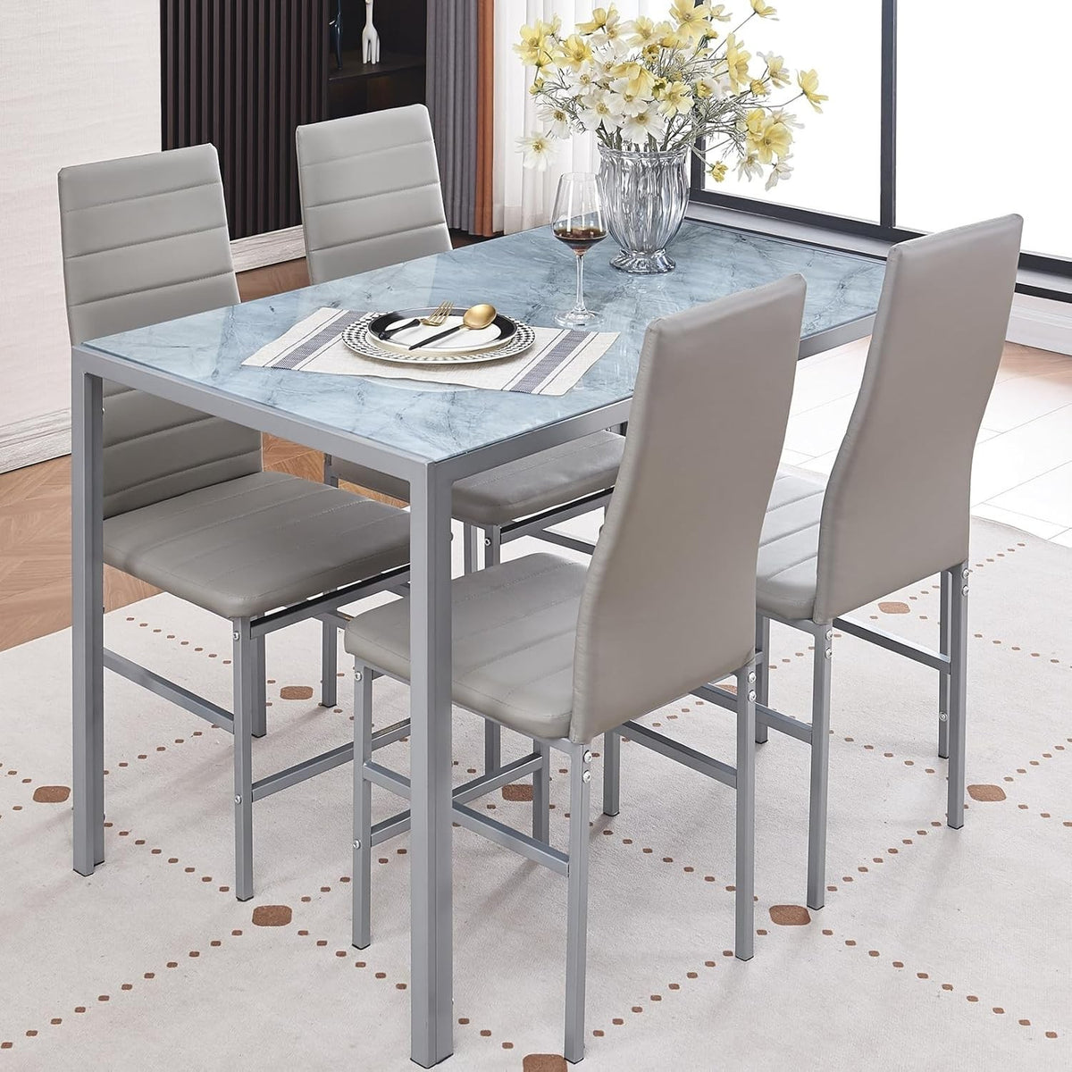 5PC Grey Marble Effect Glass Dining Set with PU Leather Chairs Compact