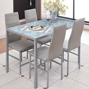 5PC Grey Marble Effect Glass Dining Set with PU Leather Chairs Compact
