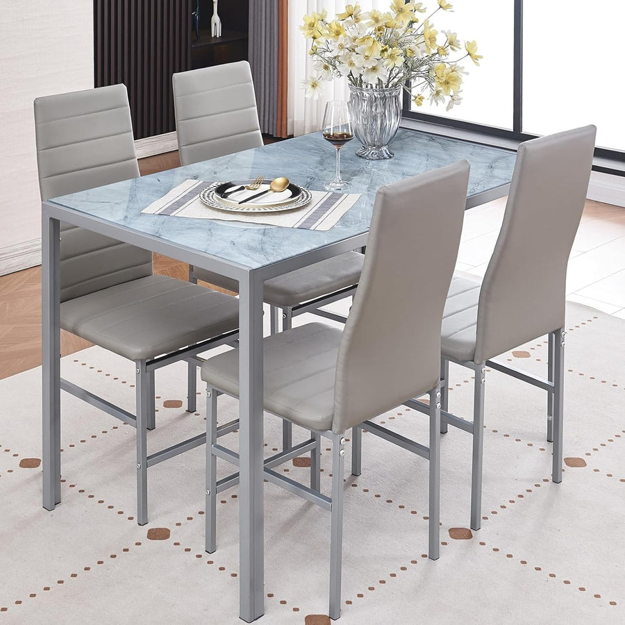 5PC Grey Marble Effect Glass Dining Set with PU Leather Chairs Compact
