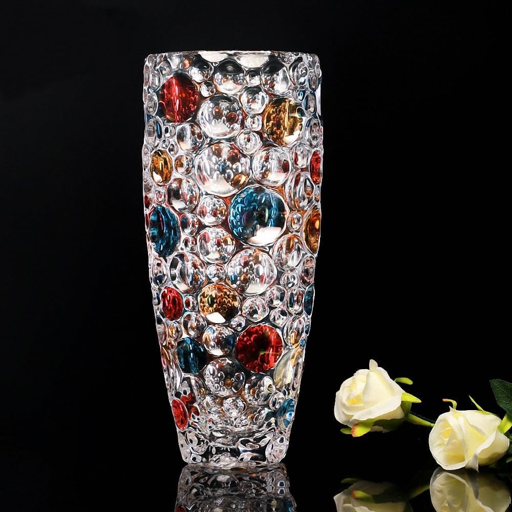 Large Crystal Glass Flower Vase 11.8in Colorful Dot Modern Home Décor