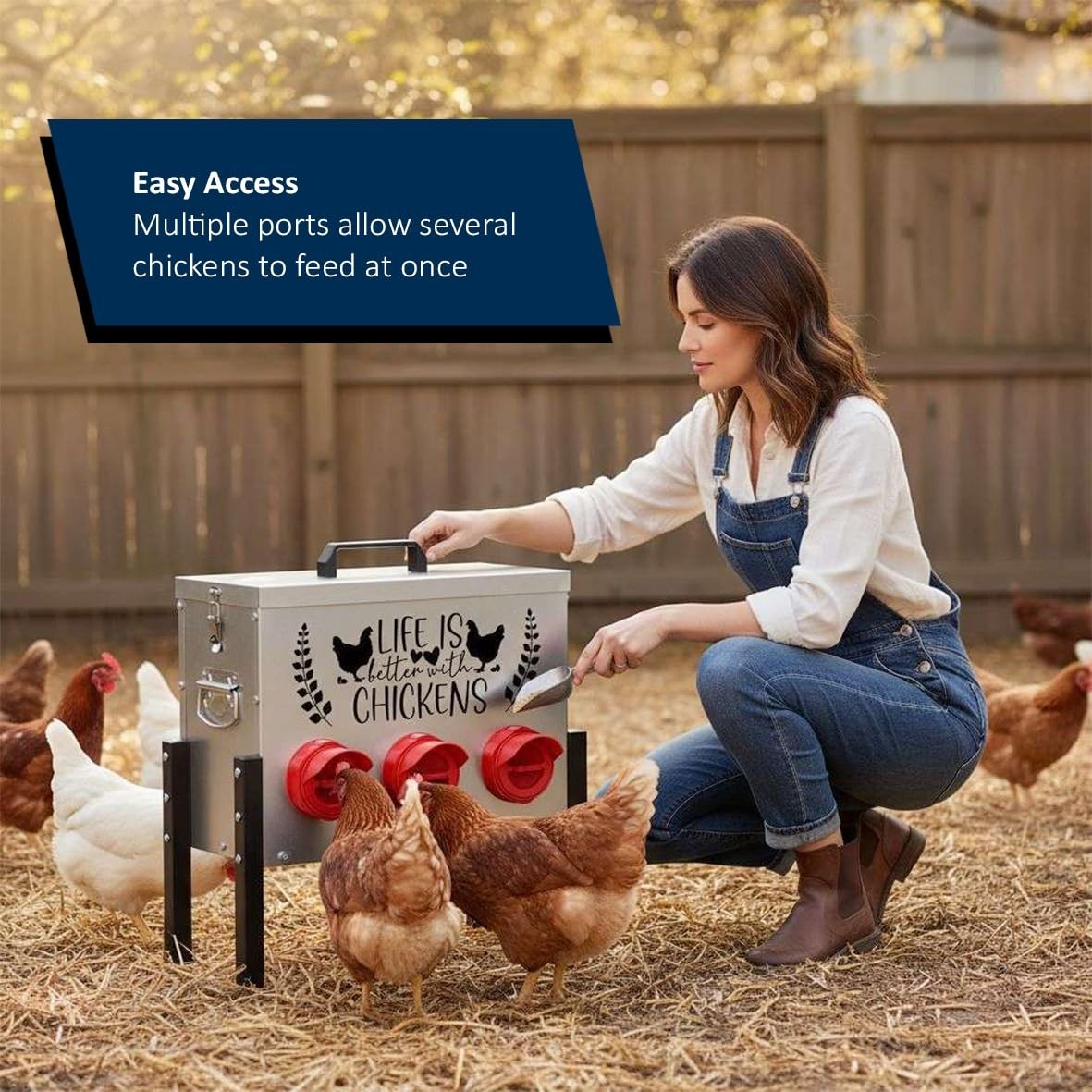 Metal Chicken Feeder 6 Port Dispenser with Stand Lid