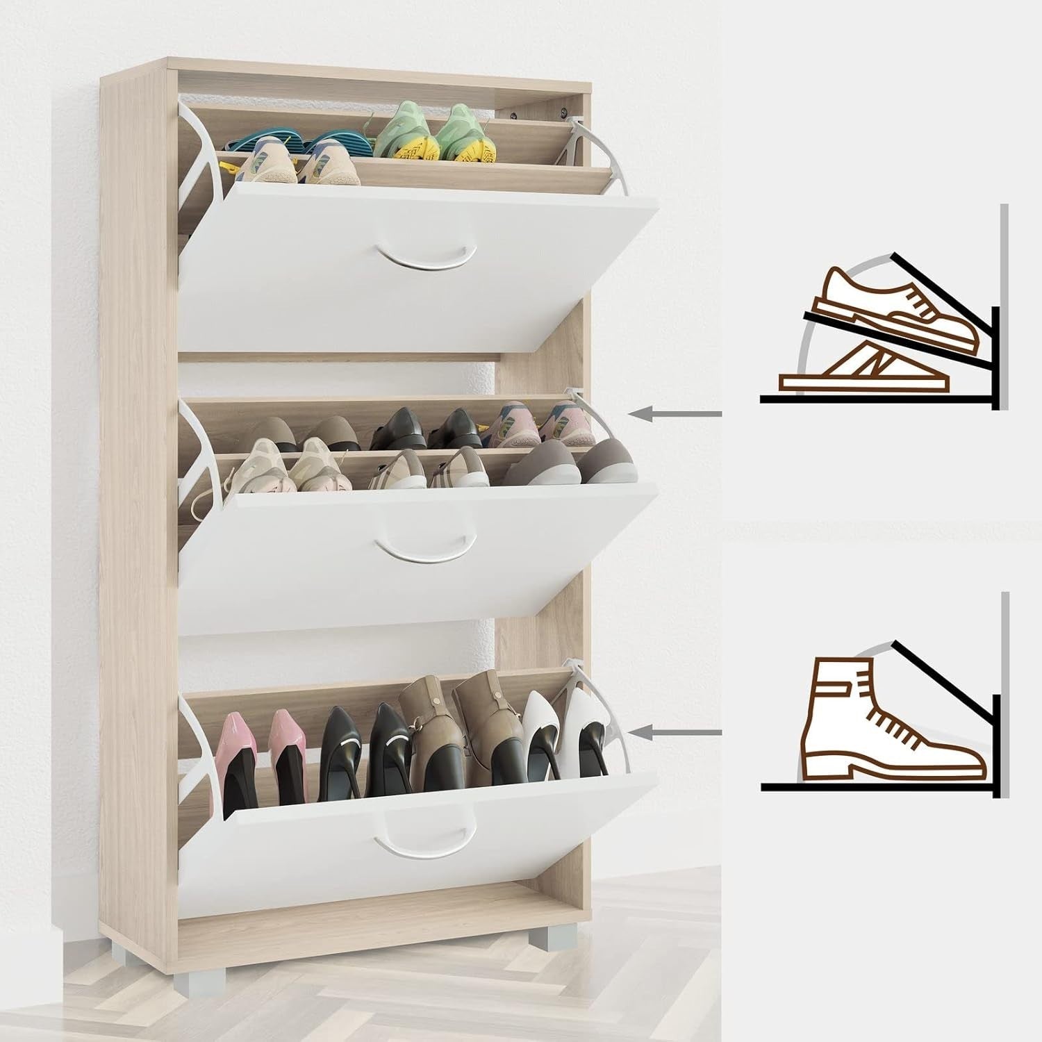 Modern 3 Door Shoe Cabinet Cupboard | Slim Hallway Storage Rack | 115x60x24cm