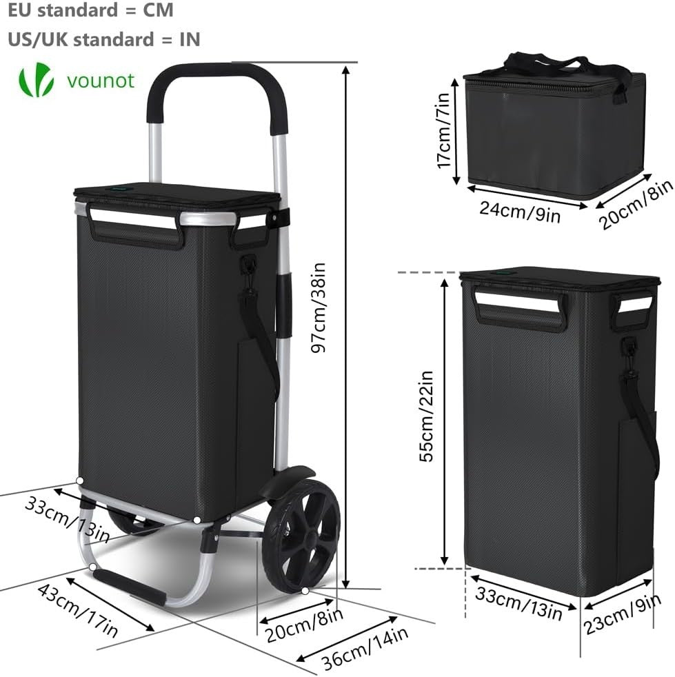 58L Folding Shopping Trolley Black Aluminium Basket with Insulated Bag
