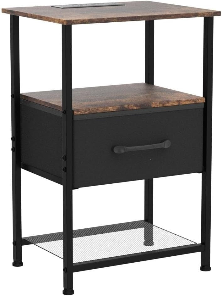 Set of 2 Rustic Brown LED Bedside Tables with Drawer, USB Ports & Power Outlets