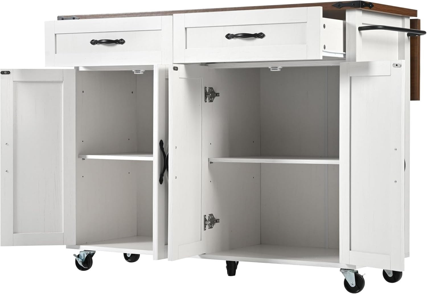 White Rolling Kitchen Island with Foldable Sideboard, Drawers & Cabinet Storage