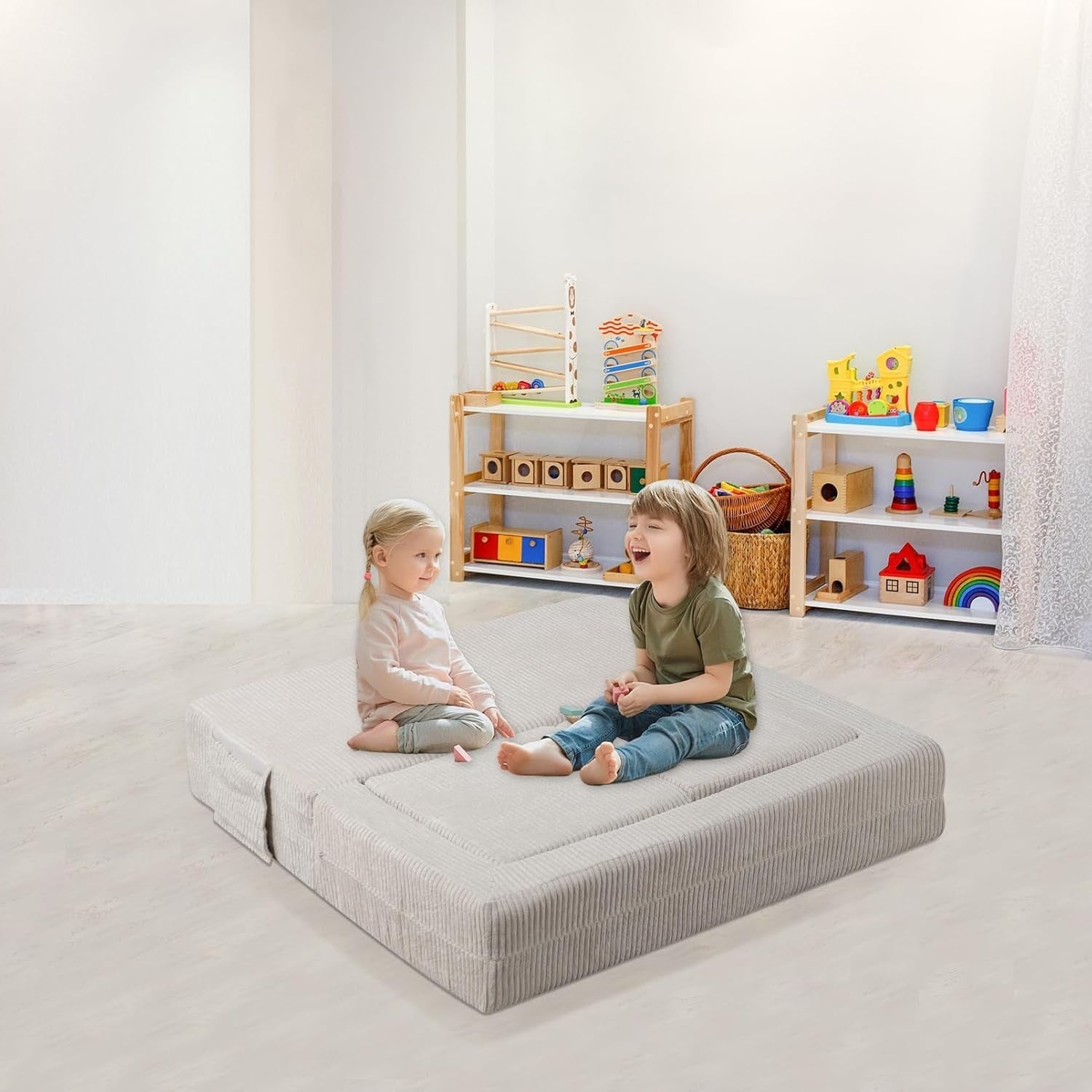 Ultra-Soft Kids Sofa Bed with Cushions, 2-Seater Foam Sofa for Toddlers Beige