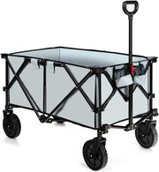 Grey Foldable Wagon Cart Collapsible Garden Trailer w/ Adjustable Handle