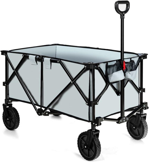 Grey Foldable Wagon Cart Collapsible Garden Trailer w/ Adjustable Handle