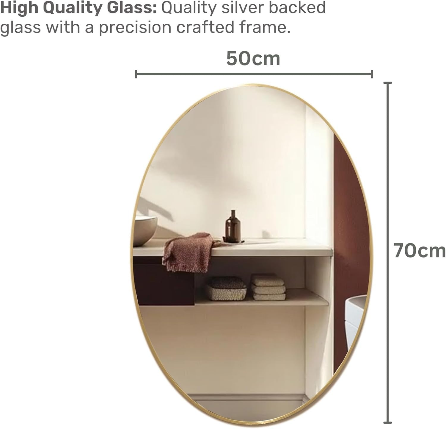 Stylish Oval Gold Bathroom Mirror 70x50 cm, Modern Framed Wall Mount