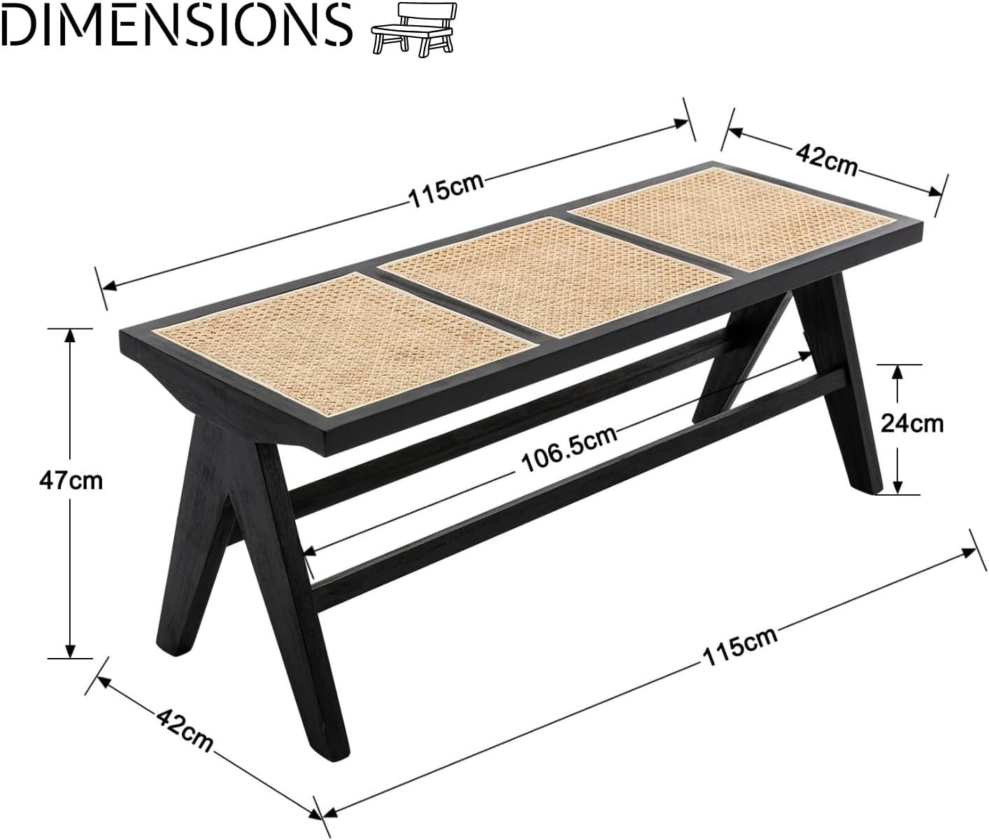 Rustic Wooden Rattan Bench Dining Entryway Seating Ottoman for Home Decor