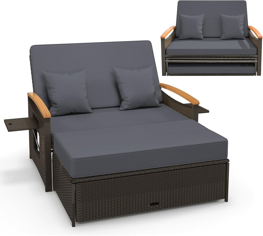 Outdoor Rattan Daybed Double Chaise Lounge with Storage Ottoman & Cushions