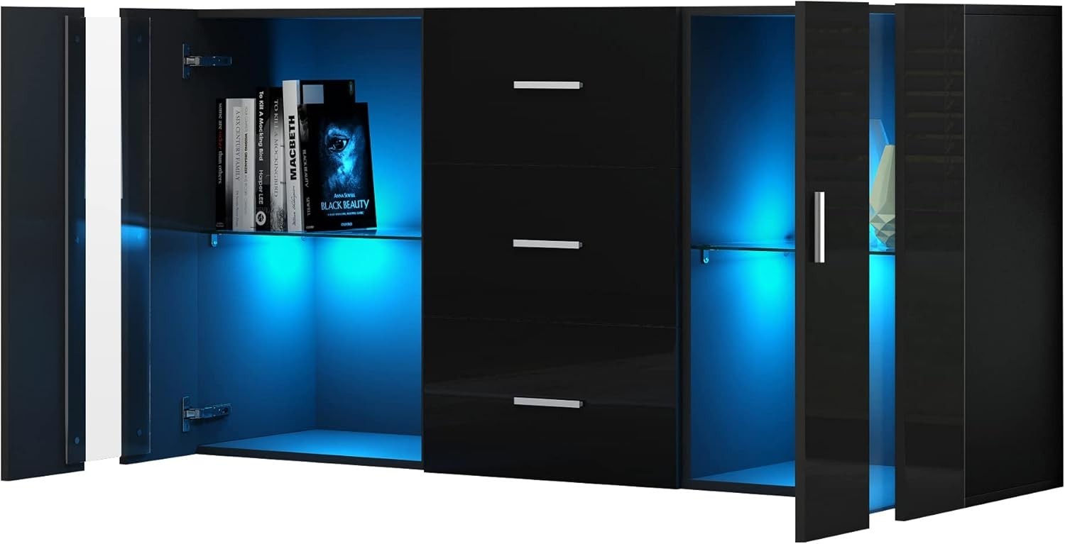 Modern Black LED Sideboard Cabinet 2 Doors 3 Drawers Living Room Storage Unit