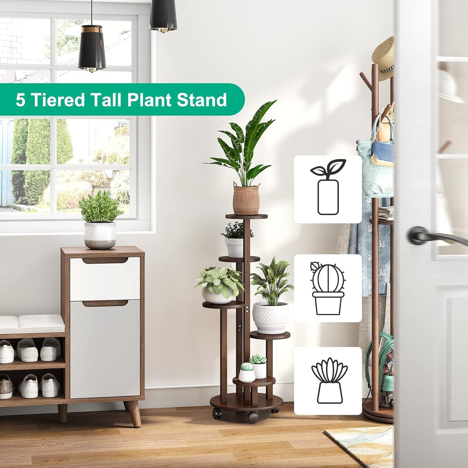 5 Tier Bamboo Plant Stand with Wheels Indoor Outdoor Corner Tall Flower Rack