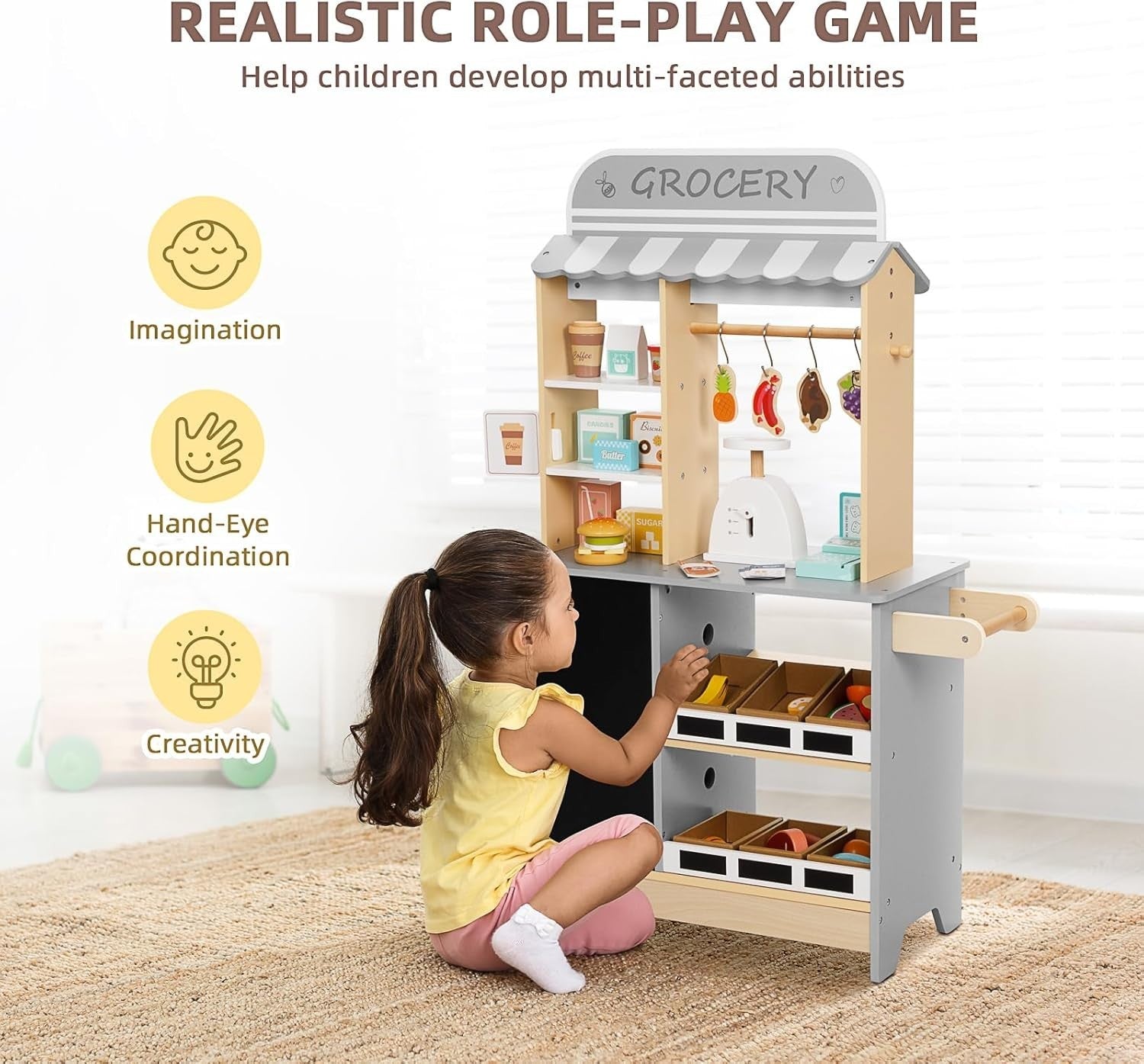 Kids Grocery Store Pretend Play Market Stand Cash Register 70+ Pieces