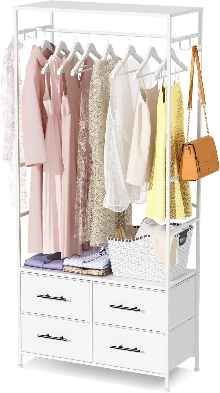 Open Wardrobe Clothes Rail with 4 Drawers & Hooks White