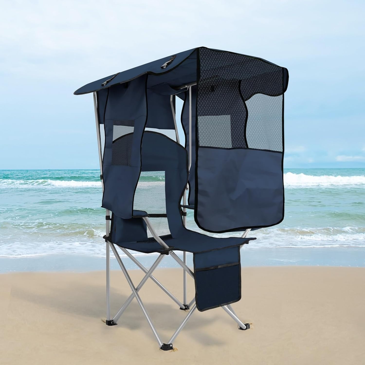 Foldable Beach Camping Chair with Canopy Shade, Cooler Bag & Cup Holders