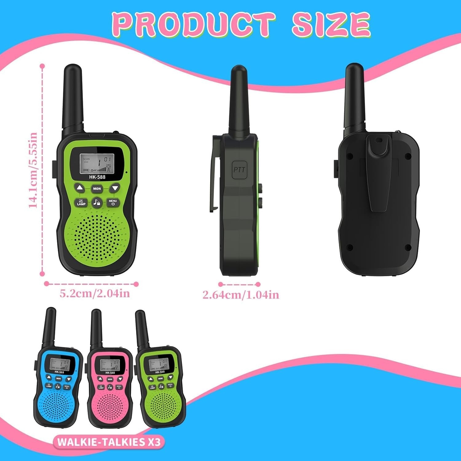Kids Rechargeable Walkie Talkies 3 Pack 3KM Range 22CH LED Flashlight