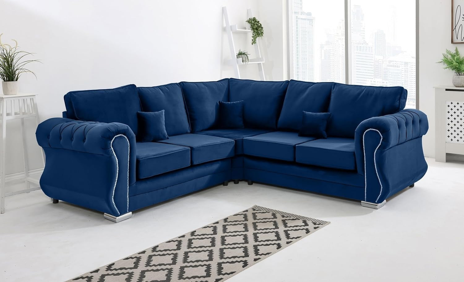 Blue Plush Velvet Corner Sofa 5 Seater with Foam Cushions & Chrome Feet