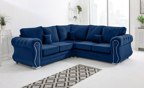 Blue Plush Velvet Corner Sofa 5 Seater with Foam Cushions & Chrome Feet