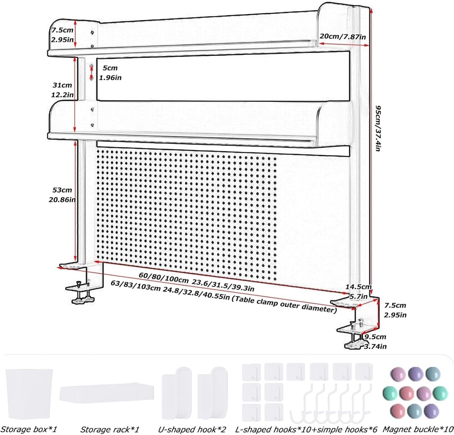 Clamp-On Desk Organizer Shelf 2-Tier White Pegboard Workstation Rack 100cm
