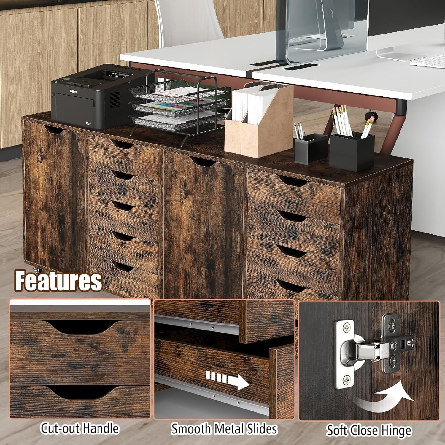 Mobile 5 Drawer File Cabinet with Side Cupboard Rolling Office Storage