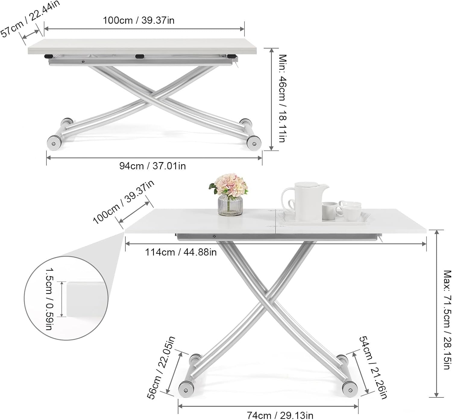 White Height Adjustable Multifunction Coffee & Dining Table, 100x57cm