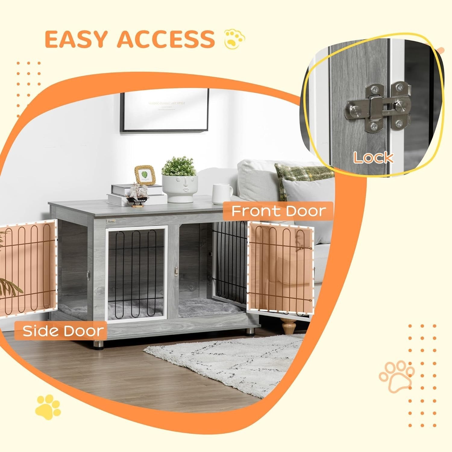 Indoor Dog Crate Furniture with Cushion | Side Table Style, Double Doors, 90cm