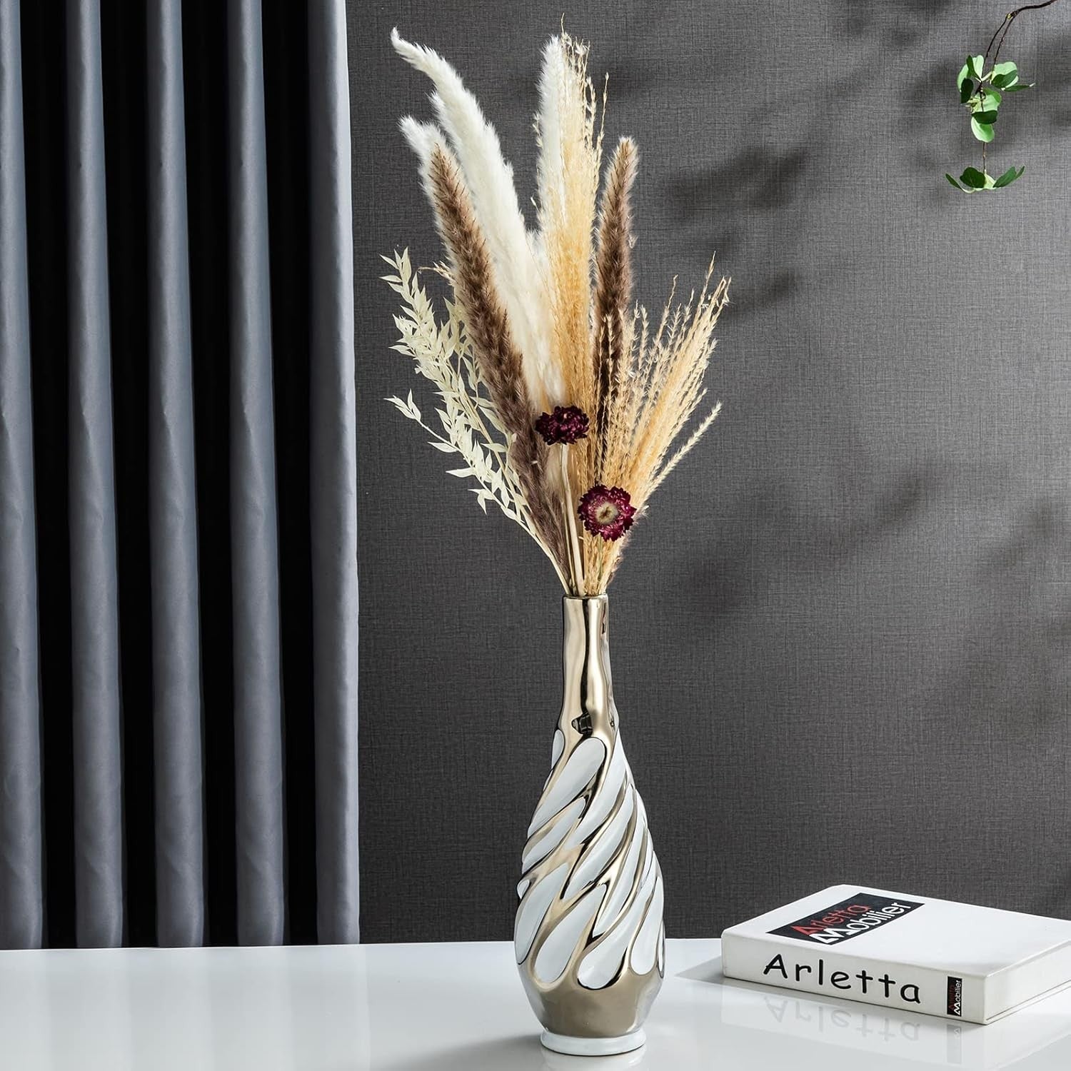 Silver Ceramic Vase Set 2 Modern Pampas Grass Table Living Room Decor