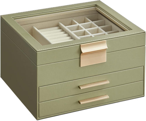 Avocado Green Gold Jewellery Box Glass Lid 3 Tier Organizer with Drawers