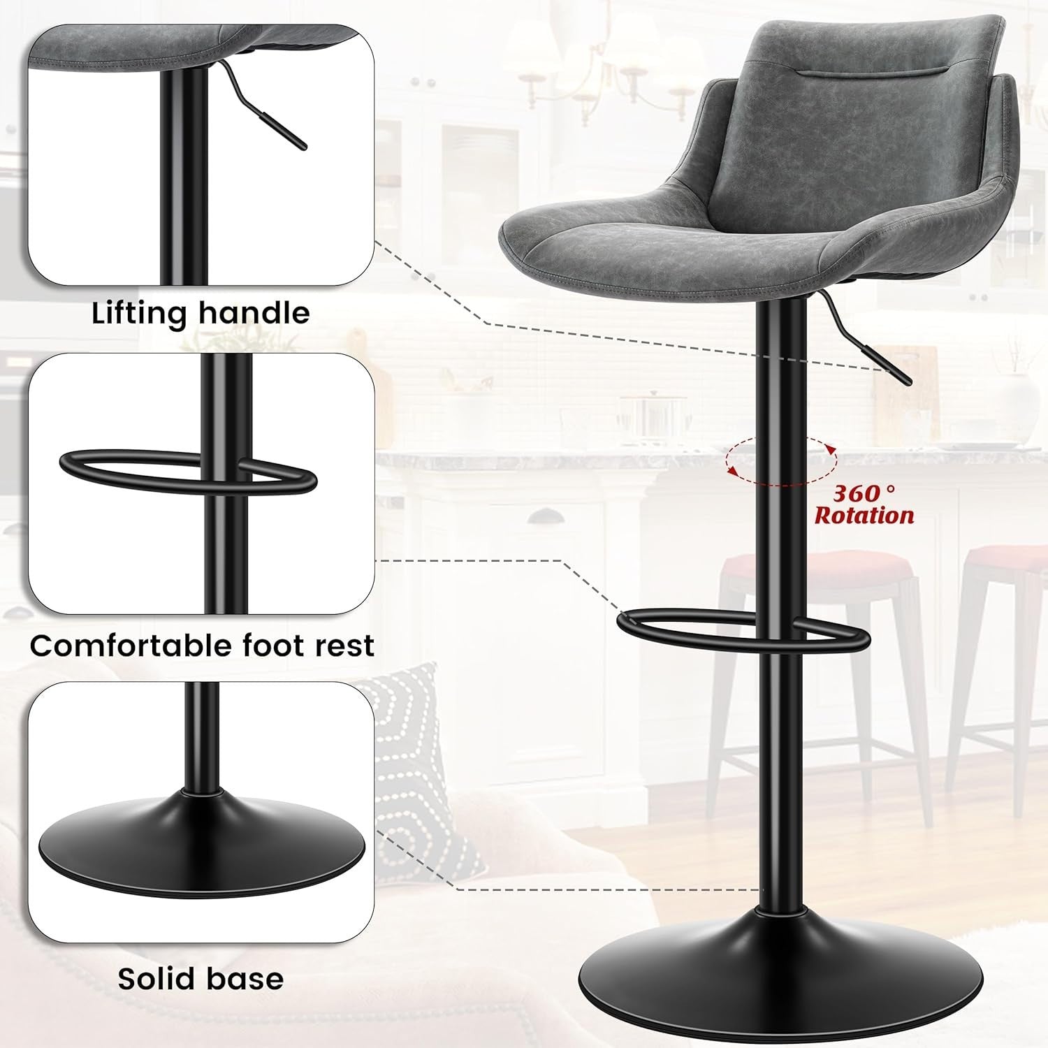 Adjustable Grey PU Leather Bar Stools Set of 2 Swivel Kitchen Counter
